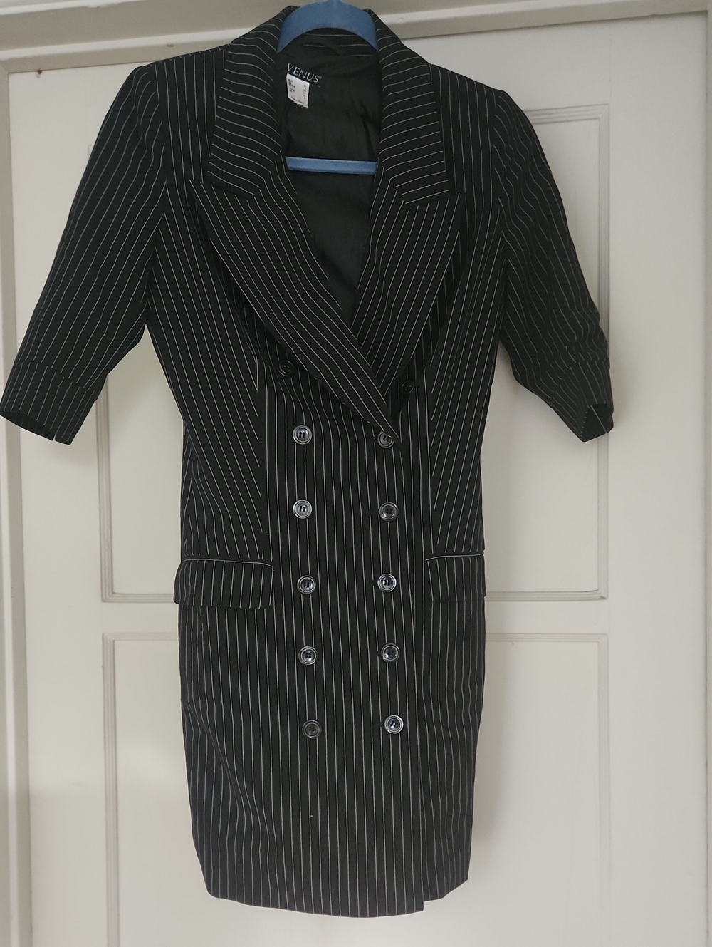 VENUS Black Pinstripe Double-Breasted Blazer Dress with White Stripes